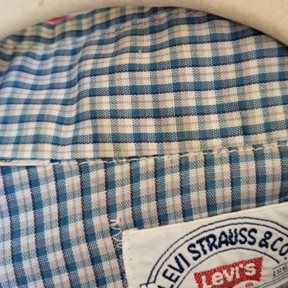 Levi Strauss & Co Vintage 1970s Pearl Snap Button Down Shirt Blue Plaid Size Med